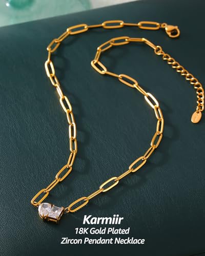 Women's Necklace 18K Gold Plated Paperclip Chain with Square & Teardrop Zircon Gemstones Pendant, 15.7"+2" Adjustable Elegant & Sweet Dainty Jewelry for Everyday Wear3