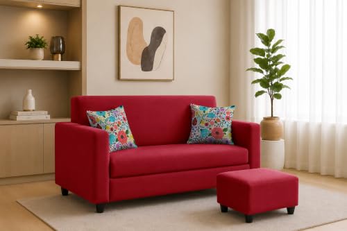 Image of Rosebell 2 Seater Sofa with Ottoman | Living Room Couch | with Printed Cushions | Sofa for Home, Apartment & Office-Red Color
