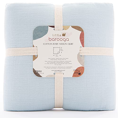 Muslin Baby Quilt, 36"X45", Super Soft Comforter, Nursery Crib Blanket, 100% Muslin Cotton Double Layer Shell & Thermo Fiber Fill, Breathable, Durable For Infant Toddler (Baby Blue) #TOP9