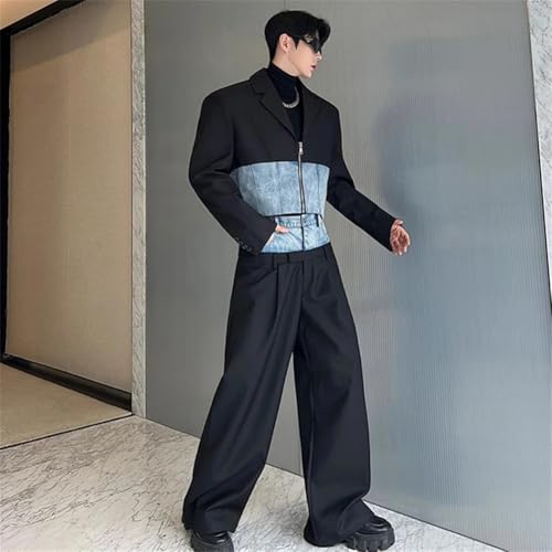 Mens Patchwork Short Cropped Denim Jackets And Wide Leg Pants Set Fashion 2 Pieces Suit4
