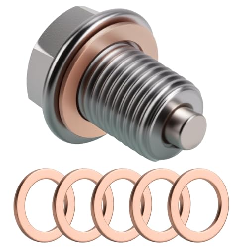 Tapón de Drenaje de Aceite Magnético M14x1.5, Tapon Carter Aceite Tornillo Drenaje Sumidero Inoxidable Carbono Bandeja Roscado Drenaje con 5 Arandelas de Cobre para Coche Voiture Motor Bateau Barco
