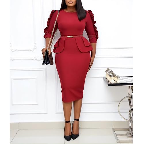 Long Dress Women Women Plus Size Midi Pencil Dress Ruffle Party Club Cocktail Bodycon Wrap Dresses Crew Neck3