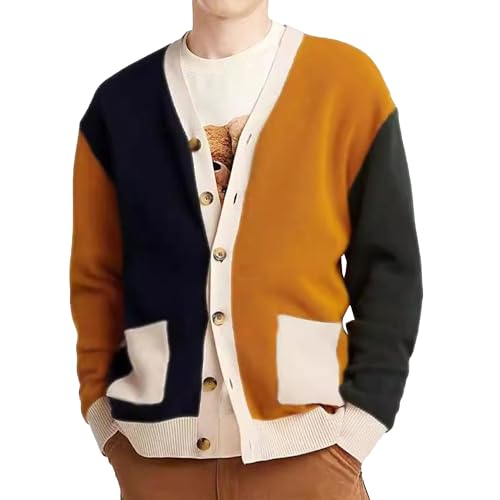 Men's Color Block Lightweight Open Sweater V Neck Button Down Casual Cardigans Fashion Knitted Cardigan Tops