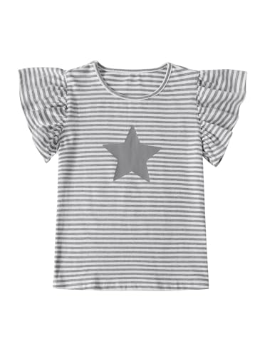 Image of Girls Star Striped Shirt Flutter Sleeve Top Cute Summer T Shirts Casual Tees Grey Star 7-8 Years
