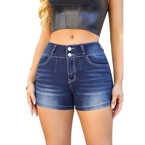 Image of THUNDER STAR Women Mid Rise Ripped Stretchy Jeans Shorts Frayed Raw Hem Casual Denim Shorts