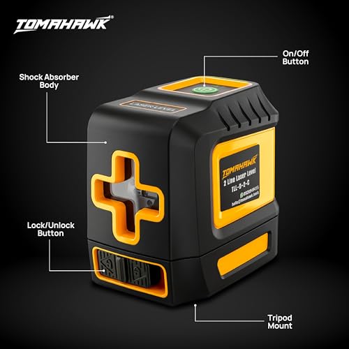 Image of TOMAHAWK TLL 02-D-C, Compact 2 Green Line Laser Level - 98ft Green Cross Self-Levelling Laser Line for Construction Vertical /Horizontal Magnetic Base, Adjustable Brightness