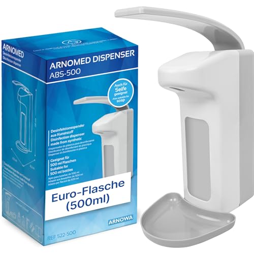 1x ARNOMED Kunststoff-Desinfektionsspender, Desinfektionsmittel-Spender für 500ml, Eurospender, Seifenspender Weiss zur Wand-Befestigung, Desinfektionsspender Wand, Seifenspender stehend ohne Bohren
