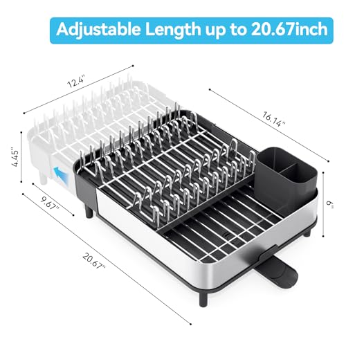 Image of Urackify Dish Drying Rack - Dish Drainer for Kitchen Counter, Stainless Steel Dish Rack with Swivel Draining Spout & Drain Board, Expandable Space-Saving Kitchen Dish Organizer for 3-4 People, Black