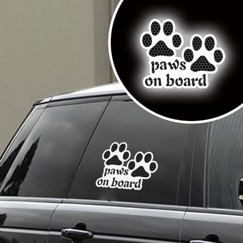 Image of 2pcs Reflective Paw Print Decal Dog Paws on Board Car Window Sticker Safety Warning Sign Stickers Funny Reflective Vinyl Stickers for Car Motorcycles Laptop (White)