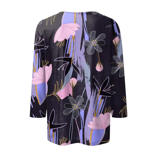 HTHLVMD Womens 3/4 Length Sleeve Tops 2025 Fall Fashion Floral Print Crewneck Causal Trendy Tunic Tops for Women