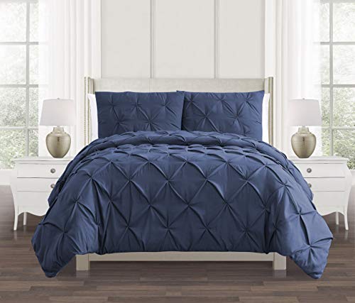 Parure de lit avec housse de couette plissée et taies d'oreiller 100 % percale de coton pour lit simple, double, king size, super king size (bleu marine, super king size)