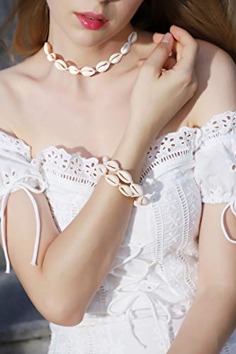 Cilkus Natural Shell Necklace Bracelet Anklet Set, Handmade Adjustable Pearl Buckle Summer Boho Hawaii Beach Seashell Choker Jewelry Gift For Women Girls (White) #TOP1