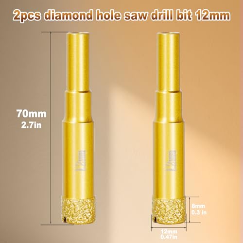 Image of Diamond Hole Saw Bits,Tile Hole Saw Kit 1 /2 inch Diamond Core Drill Bit 2pcs for Porcelain, Tile, Ceramic, Glass, Tile,Granite,Stone,Marble 12mm