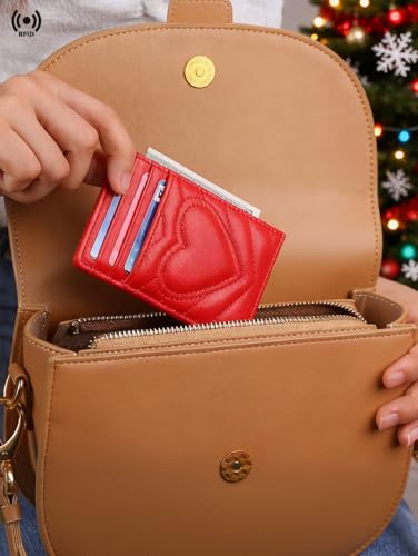 AUNER LEATHER Quilted Leather Slim Credit Card Holder for Women - Small RFID Blocking Heart Card Case Wallet - Stocking Stuffers for Women, Teen Girl Gifts Trendy Stuff, Dark Red, Small, Modern