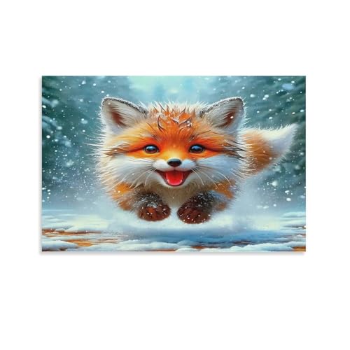 Toile fox cub en bois enneigés : œuvre murale sécurisée