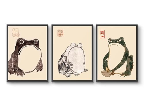 Matsumoto Hoji Frogs - Set of 3 Prints, Vintage Japanese Woodblock Meika Gafu, Ukiyo-E Wall Art Poster, Gift Idea, Oriental Home Decor, Archival Matte, A5 (Print Only) - 21x14.8cm