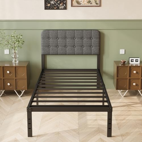 Lutown-Teen Somier 90 x 190 cm con Cabecero Tapizado Curvo, Cama 90x190 cm de Metal con Soporte de Lamas de Acero, Altura 36 cm, Almacenamiento Debajo de la Cama, Fácil Montaje, Libre de Ruidos, Gris
