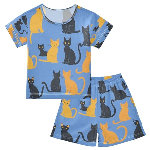senya Short Sleeve Pajamas Sets Summer Cotton Sleepwear Blue Background Cats
