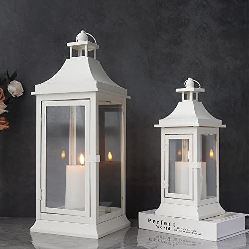 JHY DESIGN Set of 2 19.5''&13''Tall Outdoor Candle Lanterns Vintage Hanging Tower Lantern Metal Candle Holder for Garden Living Room Indoor Outdoor Parties Weddings Balcony(White)