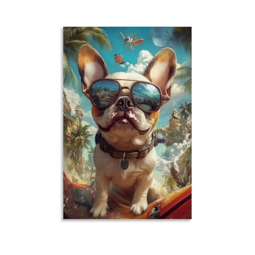 YMXHJJ Stampa artistica da parete su tela minimalista con immagine di avventura, poster a tema bulldog francese nel paradiso tropicale, moderno, decorazione per camera da letto, 60 x 90 cm