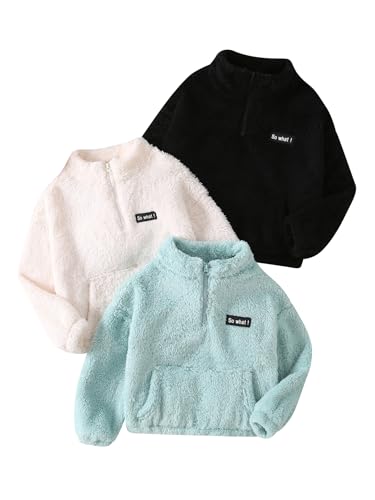 Image of Girls Sweatshirts Quarter-zip Sherpa Fleece Pullover Fuzzy Jacket | 3 Pack,Long Sleeve Half Zip Up Clothes,Soft Cozy Outerwear,Warm Fall Winter Clothing,Cute Kangaroo Pocket,Kids Teen 3-14Y