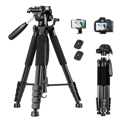Tripé para câmera, tripé para câmera e celular, tripé de alumínio resistente adequado para Canon e Nikon, com estojo de transporte e suporte para celular,Capacidade de peso: 3-6,8 kg (preto e dourado)
