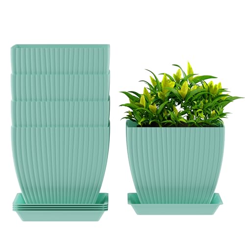 Image of ELUVIA 7-inch Square Planters with Saucers (Set of 5) - Modern Fluted Flower Pots with Drainage Holes and Trays - Premium Plastic Indoor Outdoor Plant Pots for Succulents, Flowers (Sky Blue)