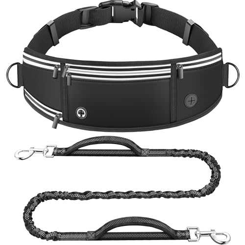 Looxmeer Joggingleine Hunde mit Bauchgurt, Freihändig Hundeleine für Große und Mittelgroße Hunde mit Dual Griffe, Reflektierende Laufleine Bauchgurt Hundeleine zum JoggenLaufen, 1.6-2.2M, Schwarz