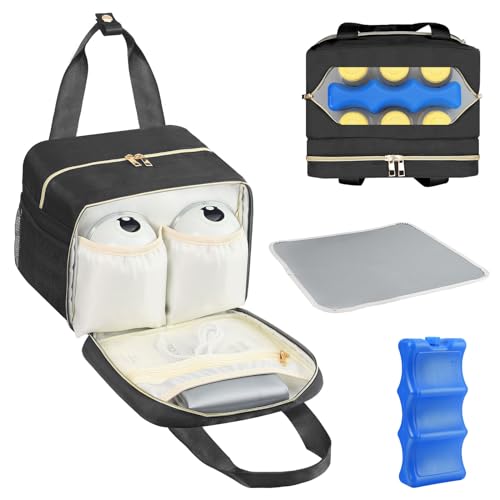 Image of PIIOSER Breastmilk Cooler Bag with Ice Pack, Fits 6 Baby Bottles Up to 9 Ounce, Compatible with Wearable Breast Pumps & Accessories - Portable Pumps Carrying Case for Nursing & Working Moms, Black