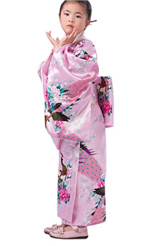 XueXian(TM) Filles Kimonos Robe Traditionnelle Kimono Japonais Impression de Fleurs et Paons en Polyester(10-11 ans,rose)