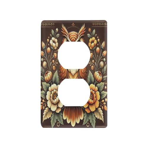 Floral Owl Brown Light Switch Cover Decorative Receptacle Outlet Wall Plate Guard Plastic Outlet Covers for Farmhouse Home Decor Livingroom (Duplex Outlets Cover)