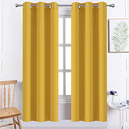 Yakamok Solid Blackout Curtains with Grommet top, Thermal Insulated Room Darkening Drapes for Bedroom(Mustard Yellow, 38Wx72L, One Pair)