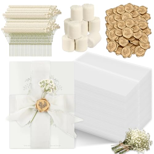 Wedding Invitation Accessories Kit Pre-Folded Vellum Jackets for 57 Invitations with Wax Seal Stickers Ribbon & Dried Flowers Elegant Wedding Invitation Accessories for DIY Bridal Invites (Off-White 100)