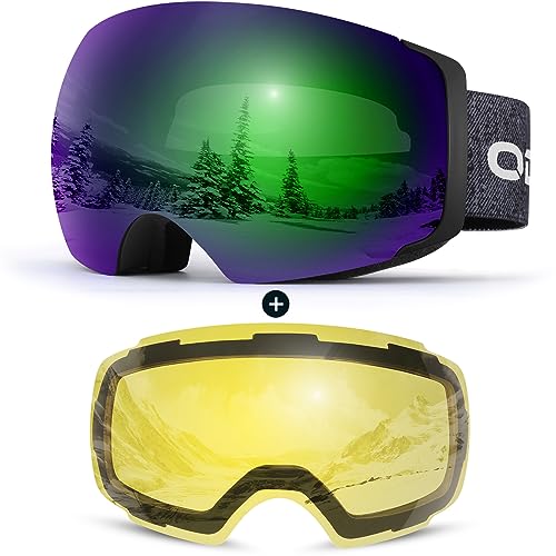 Odoland Occhiali da sci unisex per uomo e donna ragazzi occhiali da snowboard senza montatura con vetro magnetico intercambiabile protezione UV anti-nebbia occhiali da neve compatibili con c