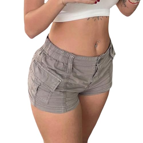 Womens Y2k Cargo Shorts Low Elastic Shorts E-Girl Slim Fit Cargo Micro Short Sweatpant Harajuku Streetwear (Gray, S)
