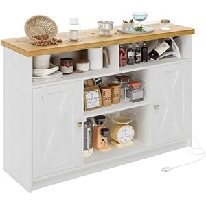 IRONCK Coffee Bar Cabinet with Power Strip, 47” Storage Cabinet with Barn Doors and Thickened Top Board, White Sideboard, Buffet for Dinning Room, Kitchen, Living Room