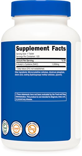 Image of Nutricost N-Acetyl L-Cysteine (NAC) 1000mg, 120 Vegan Tablets, Gluten Free | Vegetarian Supplement, GMO-Free