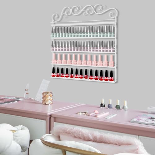 Image of 5 Tier Metal Wall Mounted Nail Polish Rack - White Cosmetic & Essential Oil Storage Shelf Display Organizer with Protective Strips for 100-120 Bottles, Perfect for Home Salon, Spa Shops & Vanity