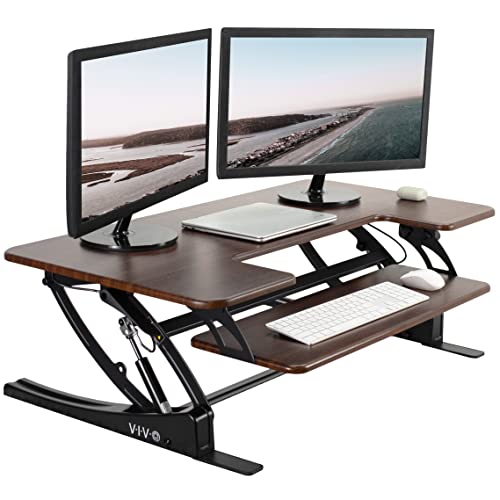Image of VIVO Dark Walnut 42 inch Standing Desk Converter, DESK-V000VLD | Height Adjustable, Stand Up Desk Riser, Wide Keyboard Tray, Dual Monitor and Laptop Workstation, Black Frame, V Series