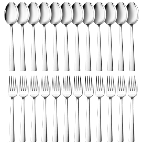 E-far - 24-Piece Spoons and Forks Set, E-far Stainless Steel Square 12 Dinner Forks and 12 Dinner Spoons, Modern Metal Silverware Flatware Cutlery for Kitchen and Restaurant, Dishwasher Safe-7.9 Inch