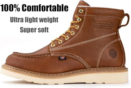 SUREWAY 6 in Mens Steel Toe Work Boots for Men-Full Grain Leather,Goodyear,Non-Slip EH Safety Industial Construction Wedge Moc Toe Work Boots/Shoes,Steel Toe Tobacco,Size 10.52
