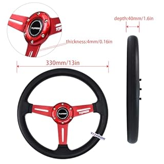 Tiypeor Racing Steering Wheel 13" 330mm, 6 Bolt JDM Car Accessory with Red Grooved Spoke Bracket and Horn Button, for Racing Simulators, Rally, and Modified Cars