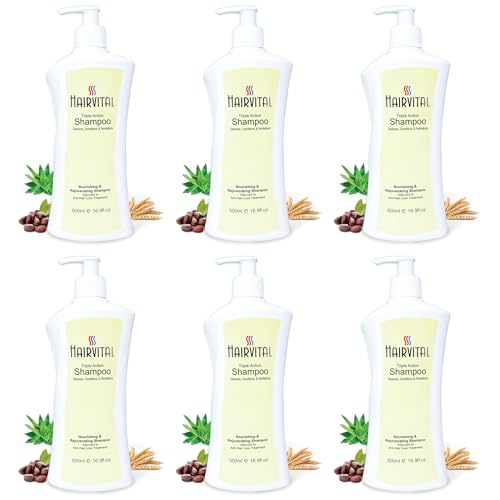 Image of Hairvital Triple Action Shampoo 500 ml (Pack of 6) | Anti Hair Fall Shampoo for Men & Women | With Aloe Vera, Wheat Germ Oil & Vitamins | Nourishing, Cleansing & Revitalizing for Dry & Weak Hair
