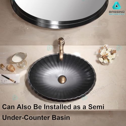 Image of BASSINO 24x17x7 Inches Ceramic Counter Top Wash Basin /Matt Black Basin for Bathroom /Modern Design /Oval Shape Tabletop Washbasin for Restaurant /Dining Hall /Living Room /Home(Matt)