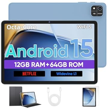 Tablet, tablet Android 15 de 10 polegadas com processador Octa-Core, 12GB RAM 64GB ROM 2TB Expand, 1280x800 HD Touchscreen, GPS, WiFi 5, câmera dupla, BT5.0, 6000mAh, Widevine L1 (azul)