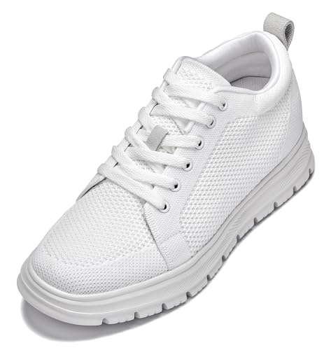 CALTO Men's Invisible Height Increasing Elevator Casual Shoes - White/White Sole Light-Weight Lace-up Knitted Casual Sporty Sneakers - 2.4 Inches Taller - X2321 - Size 10 D(M) US