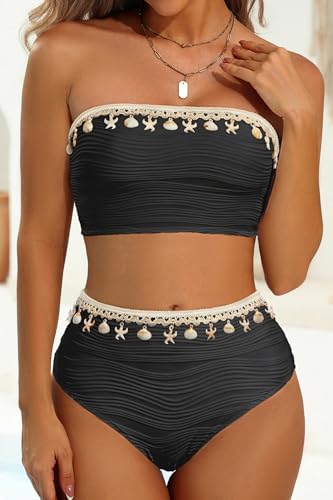 Image of High Waisted Bandeau Bikini Set - Women Strapless Two Piece Swimsuits Ribbed Longline Full Coverage Bathing Suits Swimwear