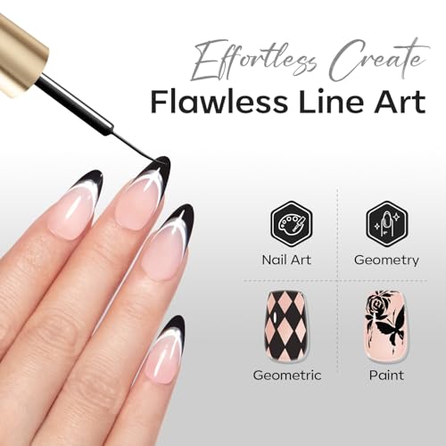 Image of modelones Black French Tip Liner Gel Polish 15ml Built-in Fine Brush | Classic All Black Nail Art Gel Paint Swirl Fine Line Design Easy Draw Long Lasting Soak Off U V Cure DIY Home Salon Manicure