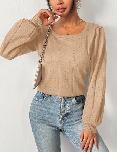 Image of HOTOUCH Sweaters for Women 2026 Fall Trendy Tops Casual Puff Sleeve Square Neck Cute Tunic Pullover Blouses XS-XXL