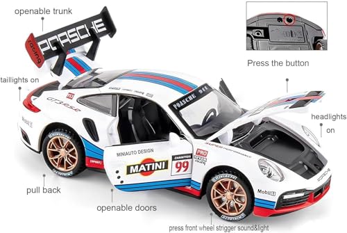 Image of 1:32 911 GT3 RS RSR Turbo S Matini Diecast Model Cars for Kids,Pull Back Car with Light,Sound and Arcylic Sheet Frame for Safety Sports Race Car for Boys Age 4-7 Gifts White Blue